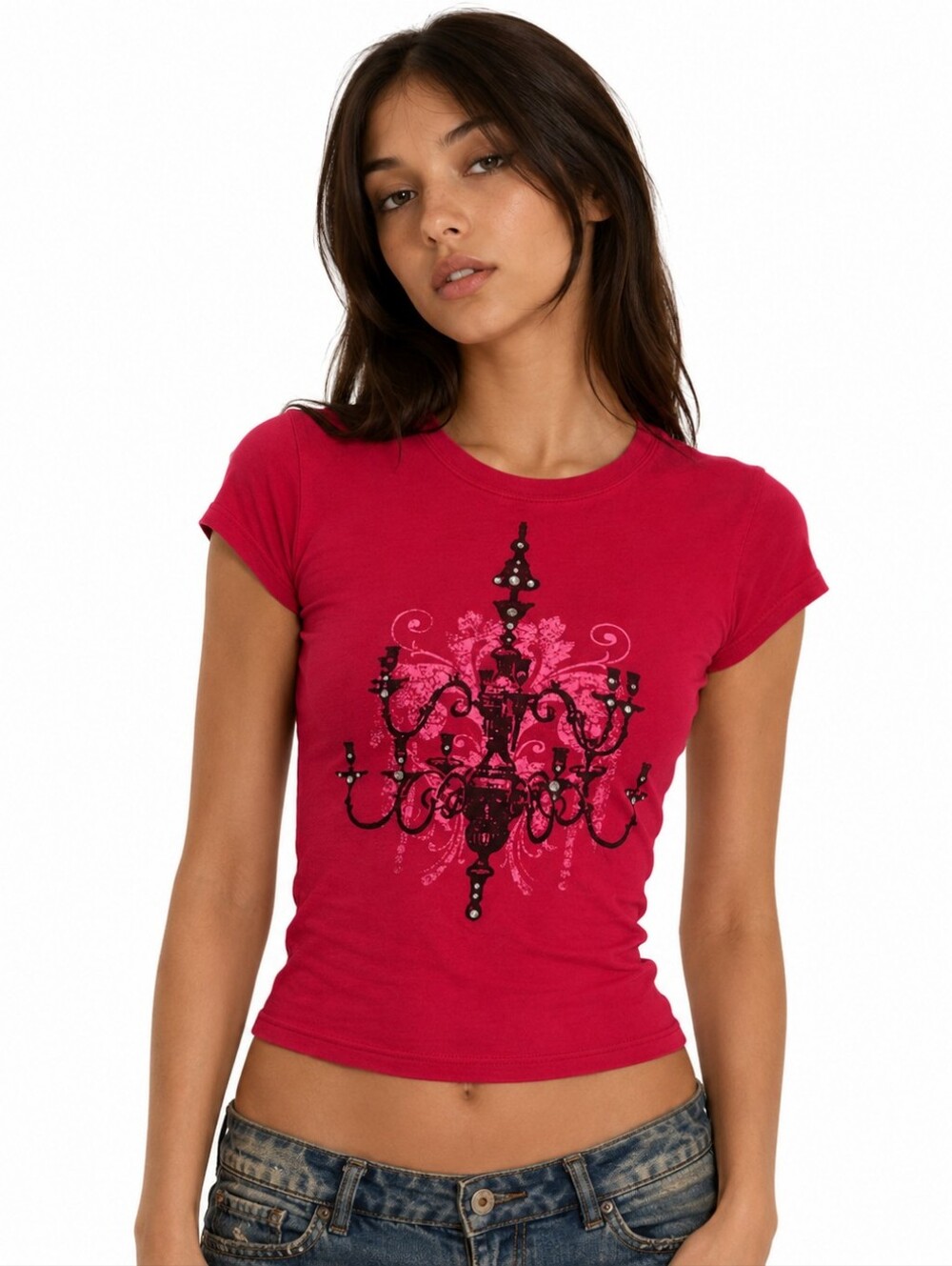 Jacob Connexion Y2K Vintage Chandelier Rhinestone T-Shirt Maroon Size M Fits SM